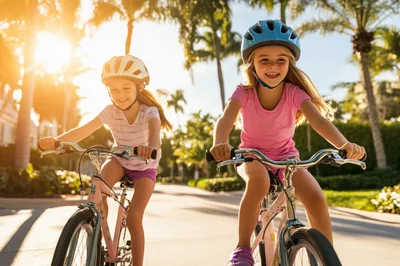 Two Young Girls Riding Bicycles Outdoors