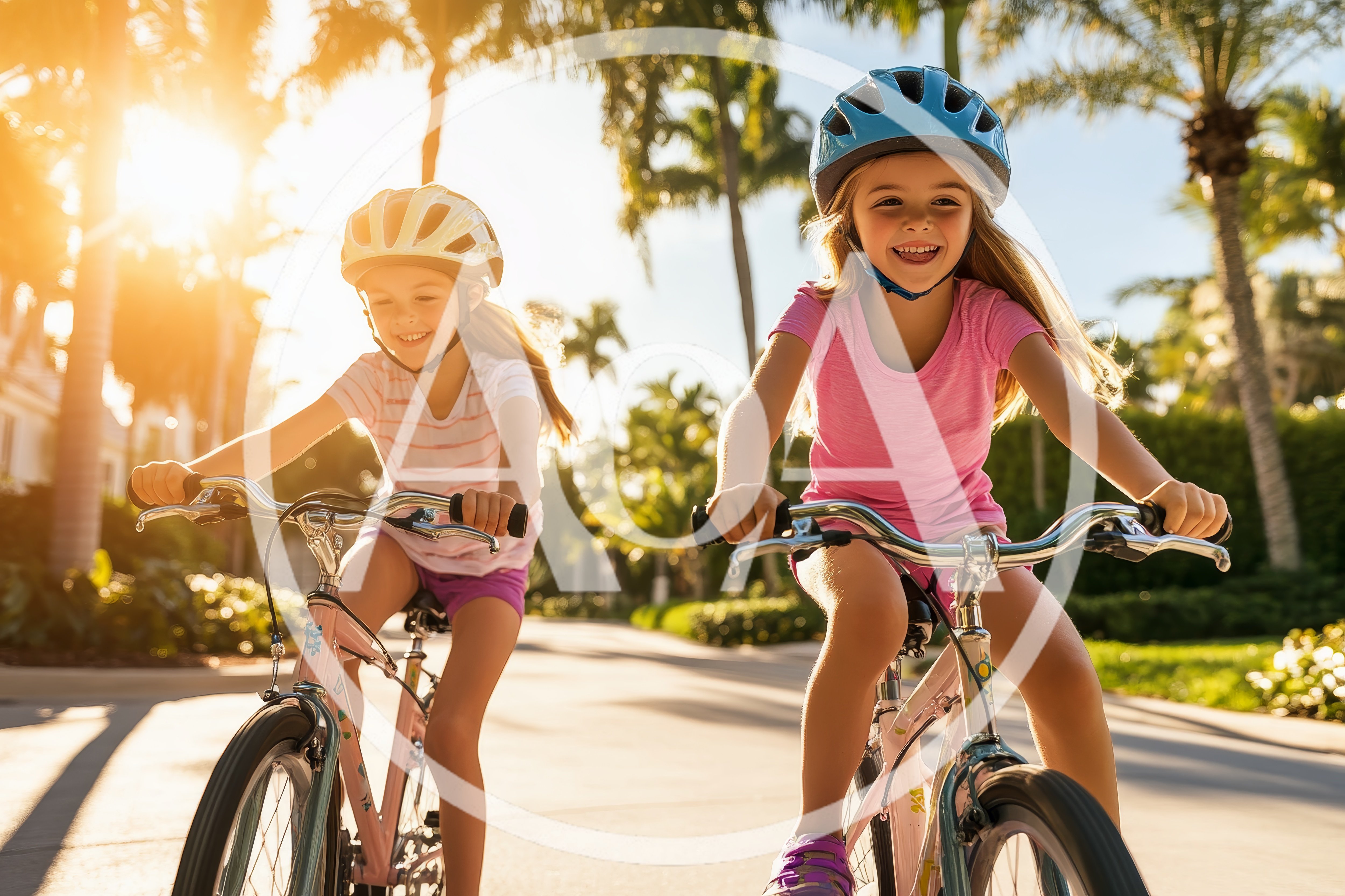 Two Young Girls Riding Bicycles Outdoors