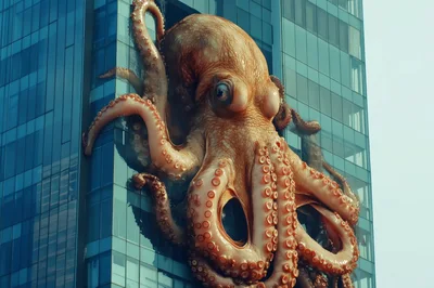 Giant Octopus Clinging To Modern Glass Skyscraper