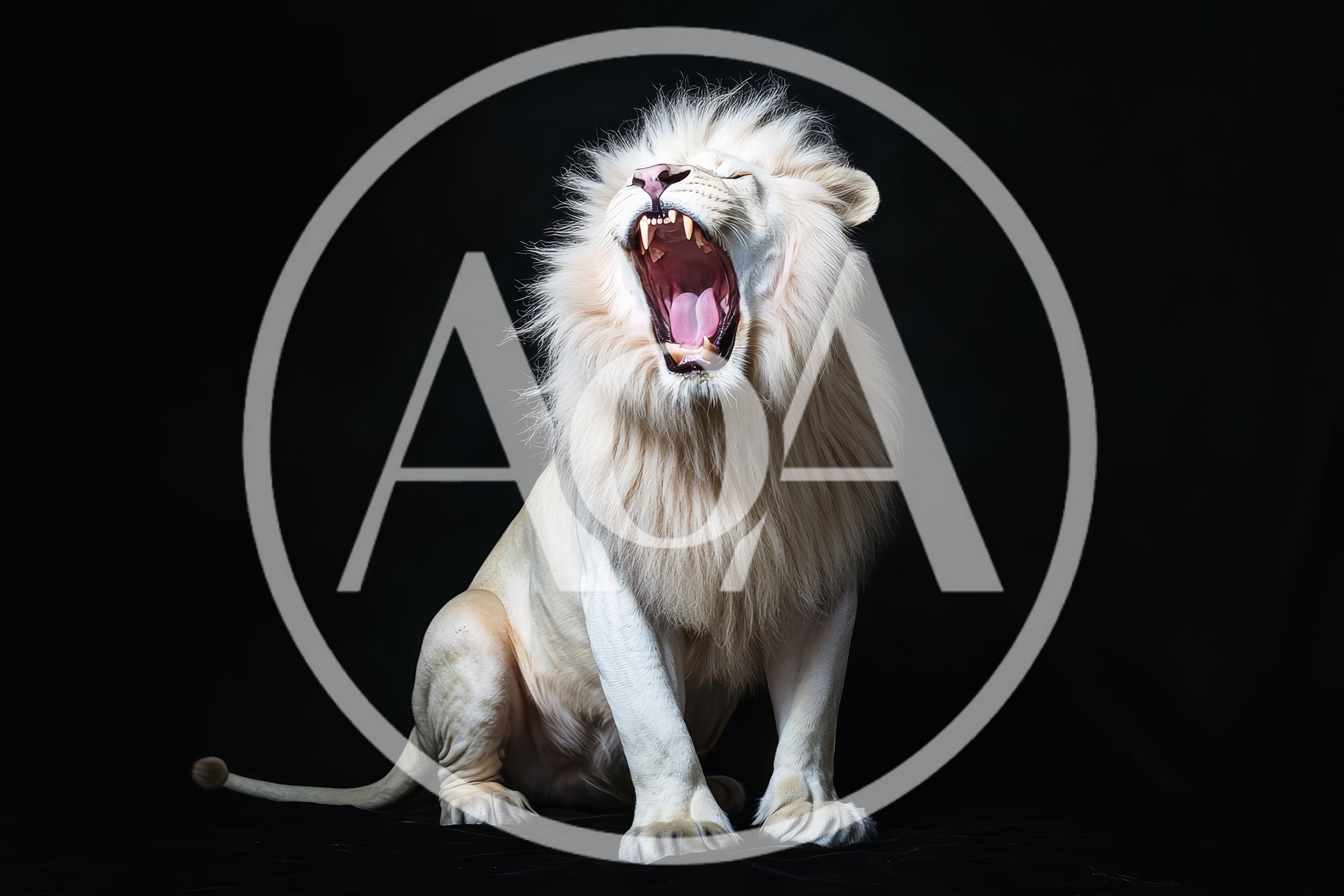 Majestic White Lion Roaring Against A Black Background