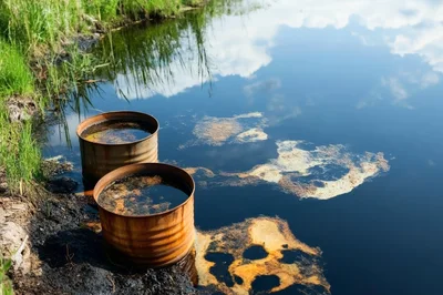 Rusty Metal Barrels Polluting A Still Pond