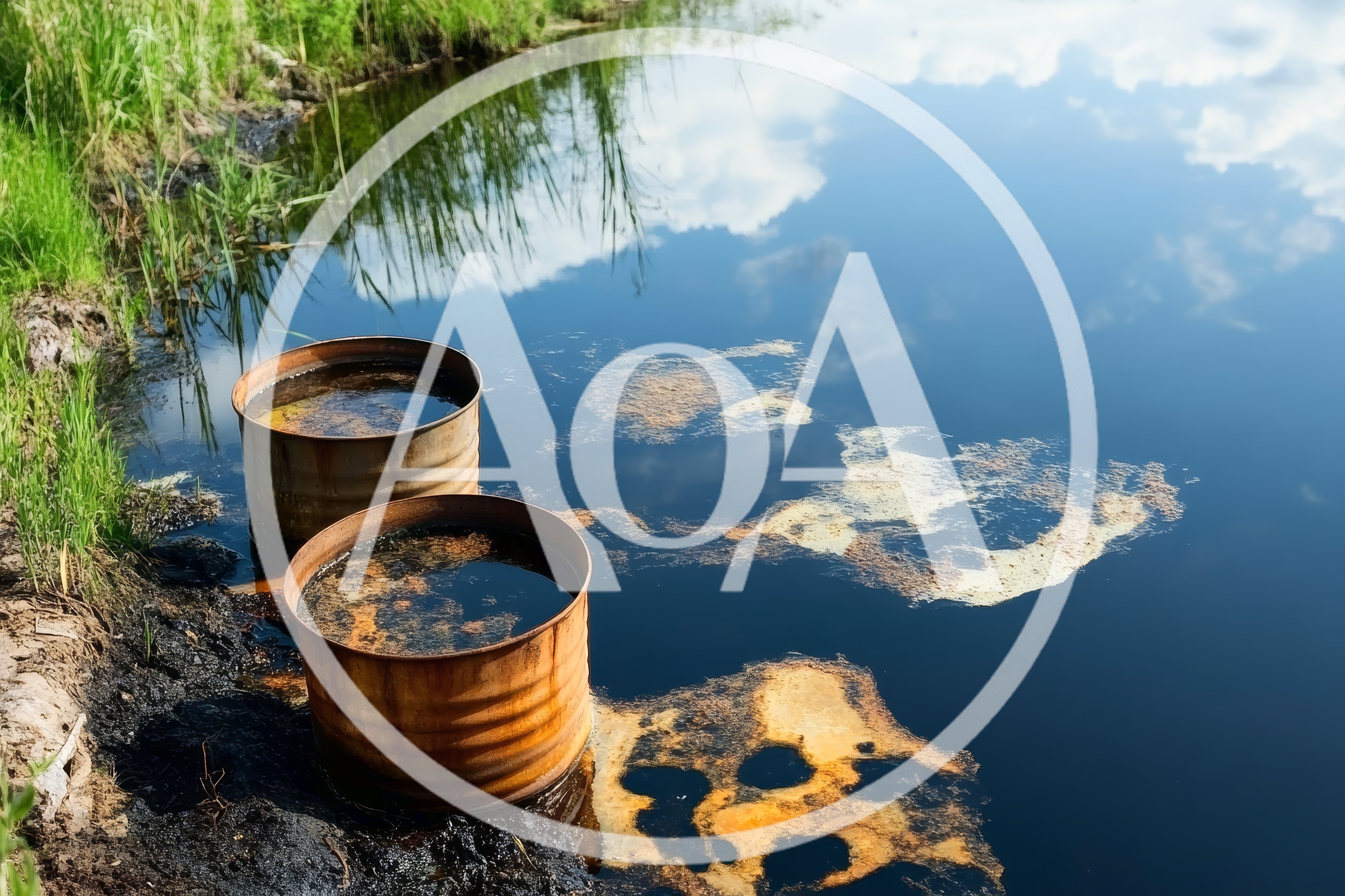 Rusty Metal Barrels Polluting A Still Pond
