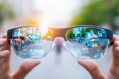 Person Holding Augmented Reality Smart Glasses Over City Street