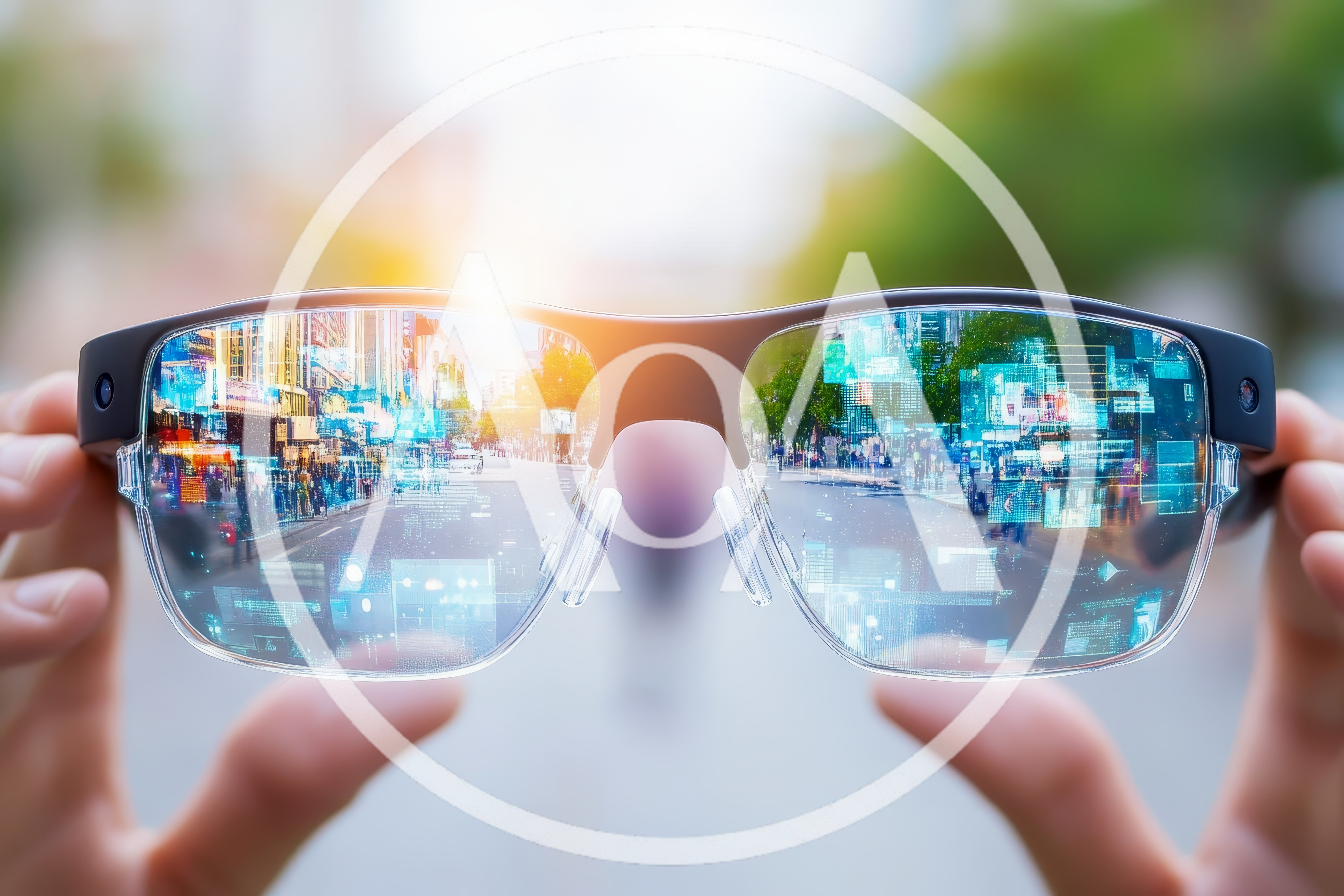 Person Holding Augmented Reality Smart Glasses Over City Street