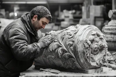 Stone Sculptor Carving Intricate Marble Column Detail