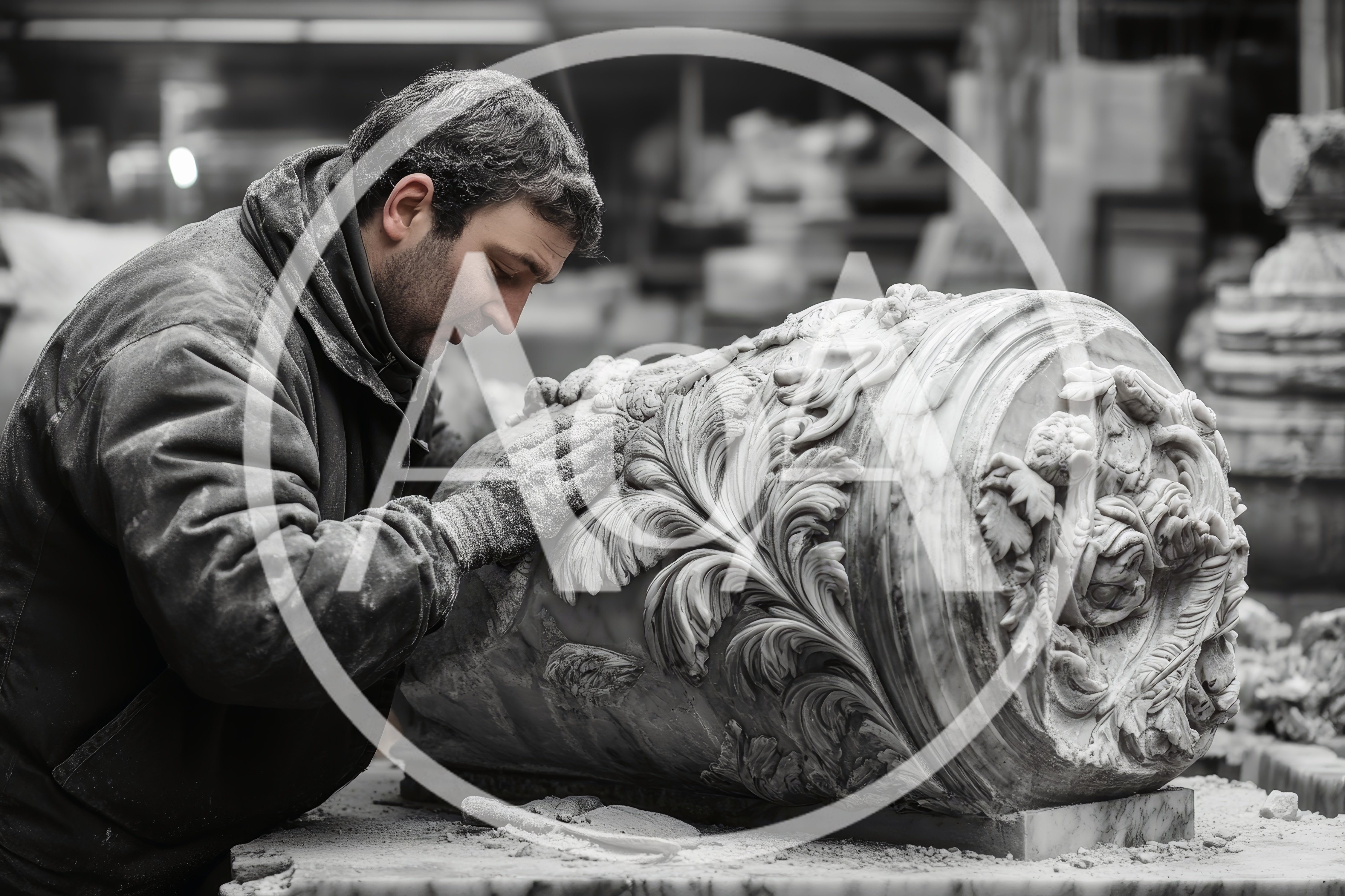 Stone Sculptor Carving Intricate Marble Column Detail