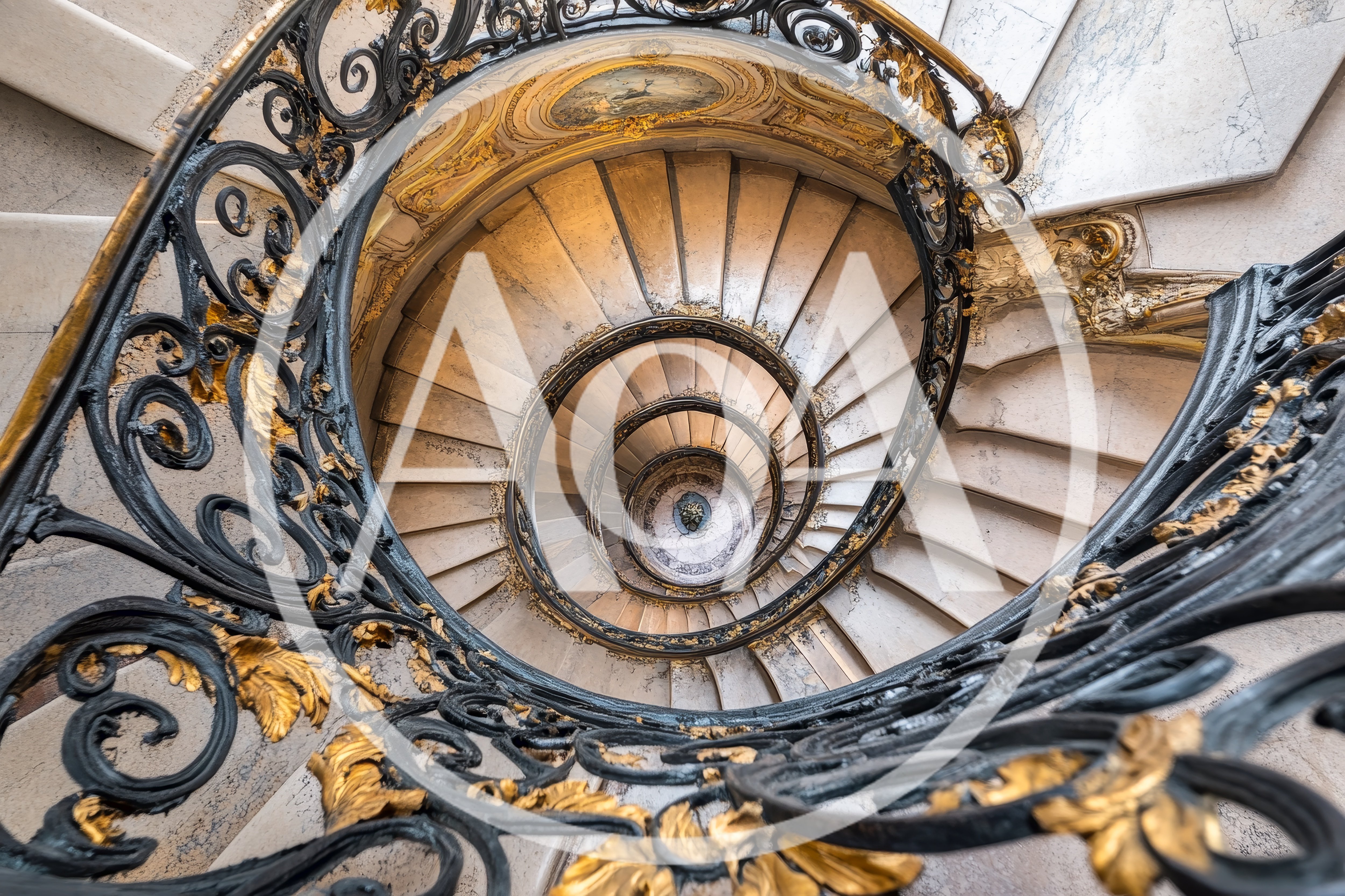 Ornate Spiral Staircase With Gold Leaf Detailing