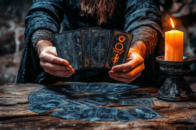 Mystic Fortune Teller Holding Dark Tarot Cards
