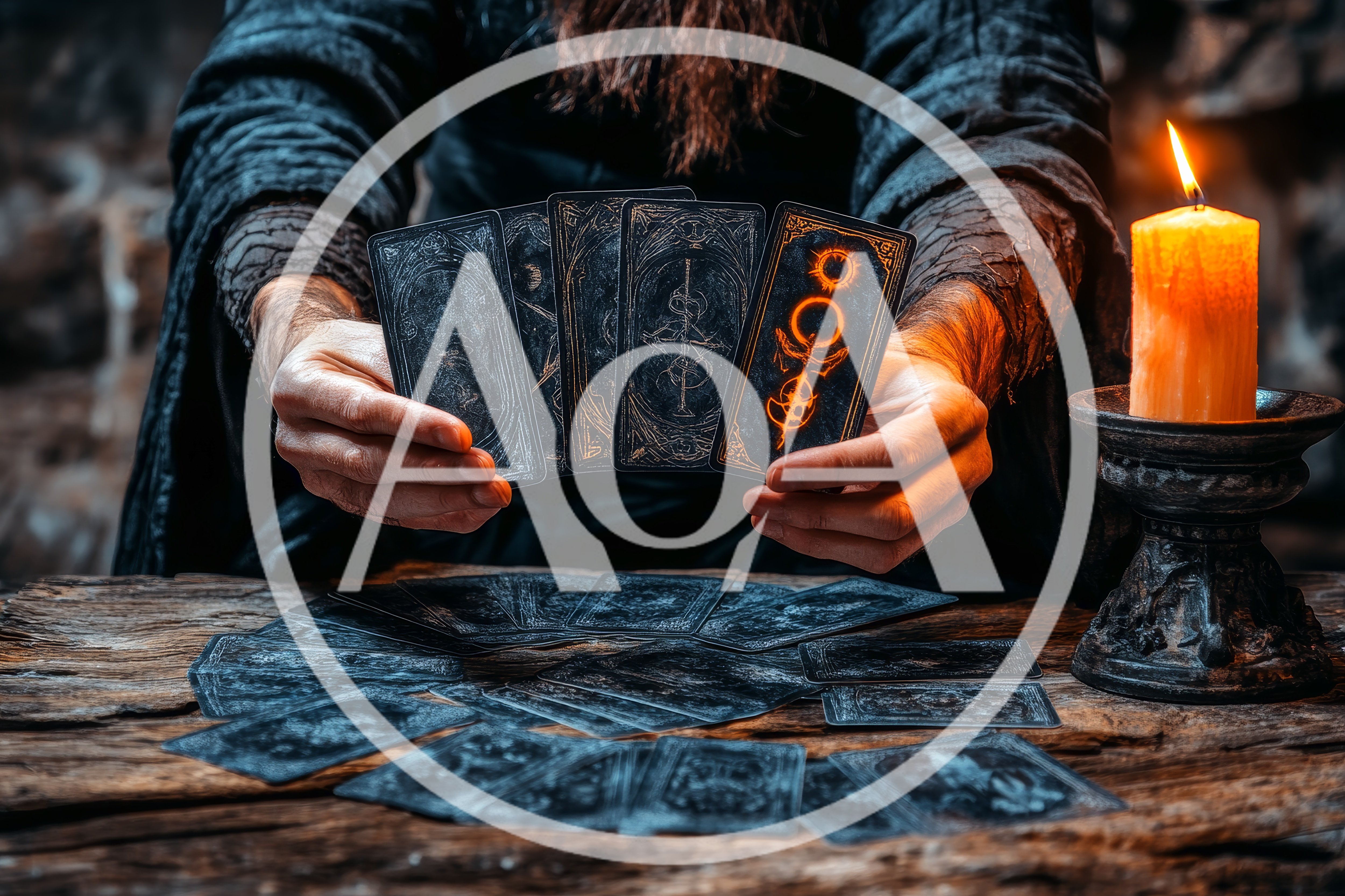 Mystic Fortune Teller Holding Dark Tarot Cards