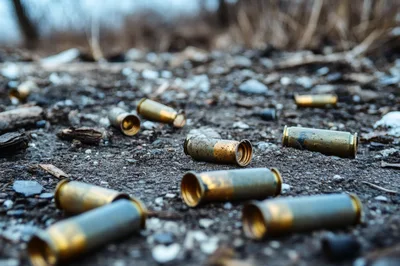 Spent Shotgun Shell Casings Scattered On Dirt Ground