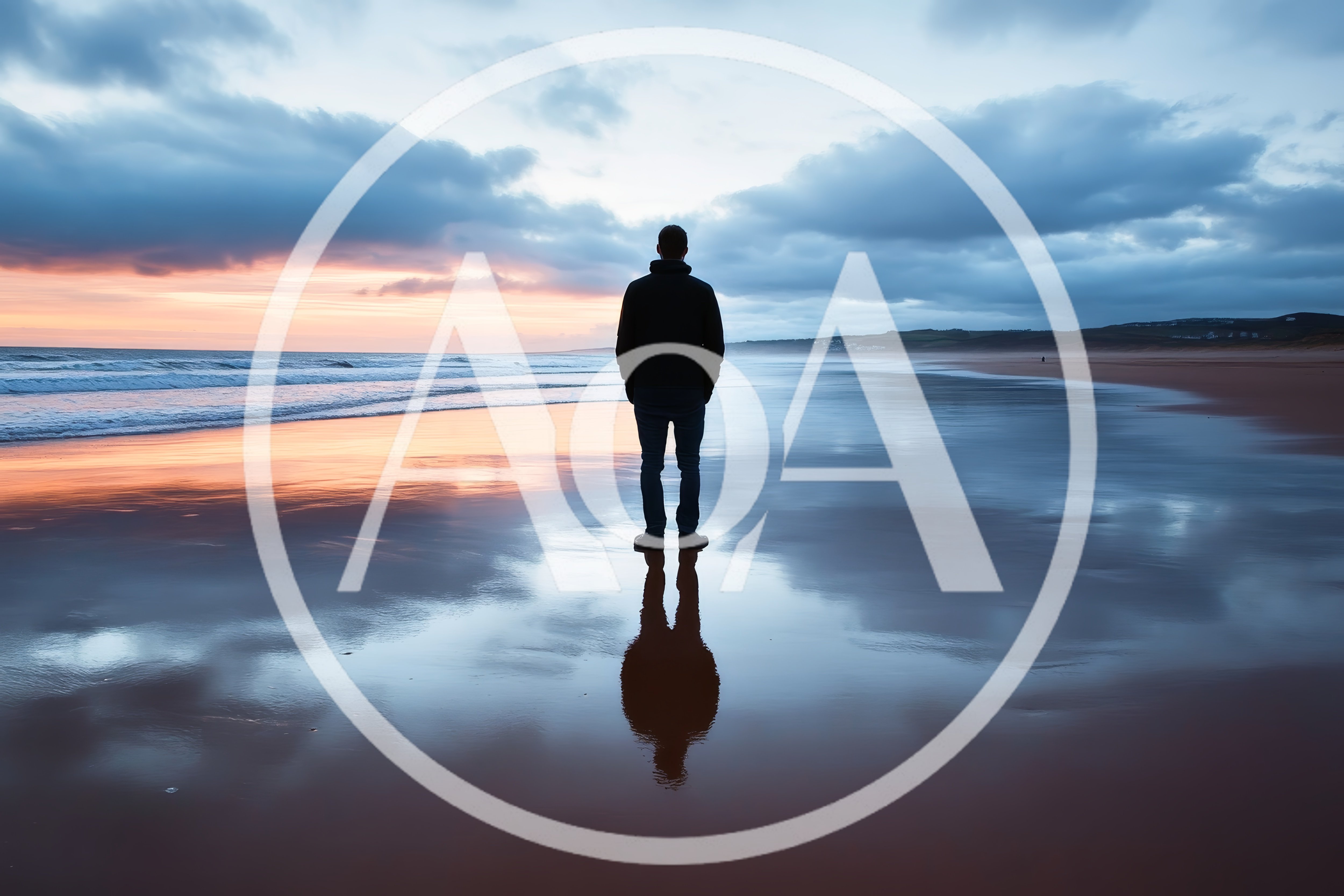 Man Standing Alone On A Reflective Beach At Sunset