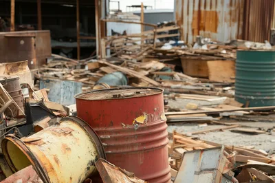 Rusty Metal Barrels In A Dilapidated Industrial Junkyard