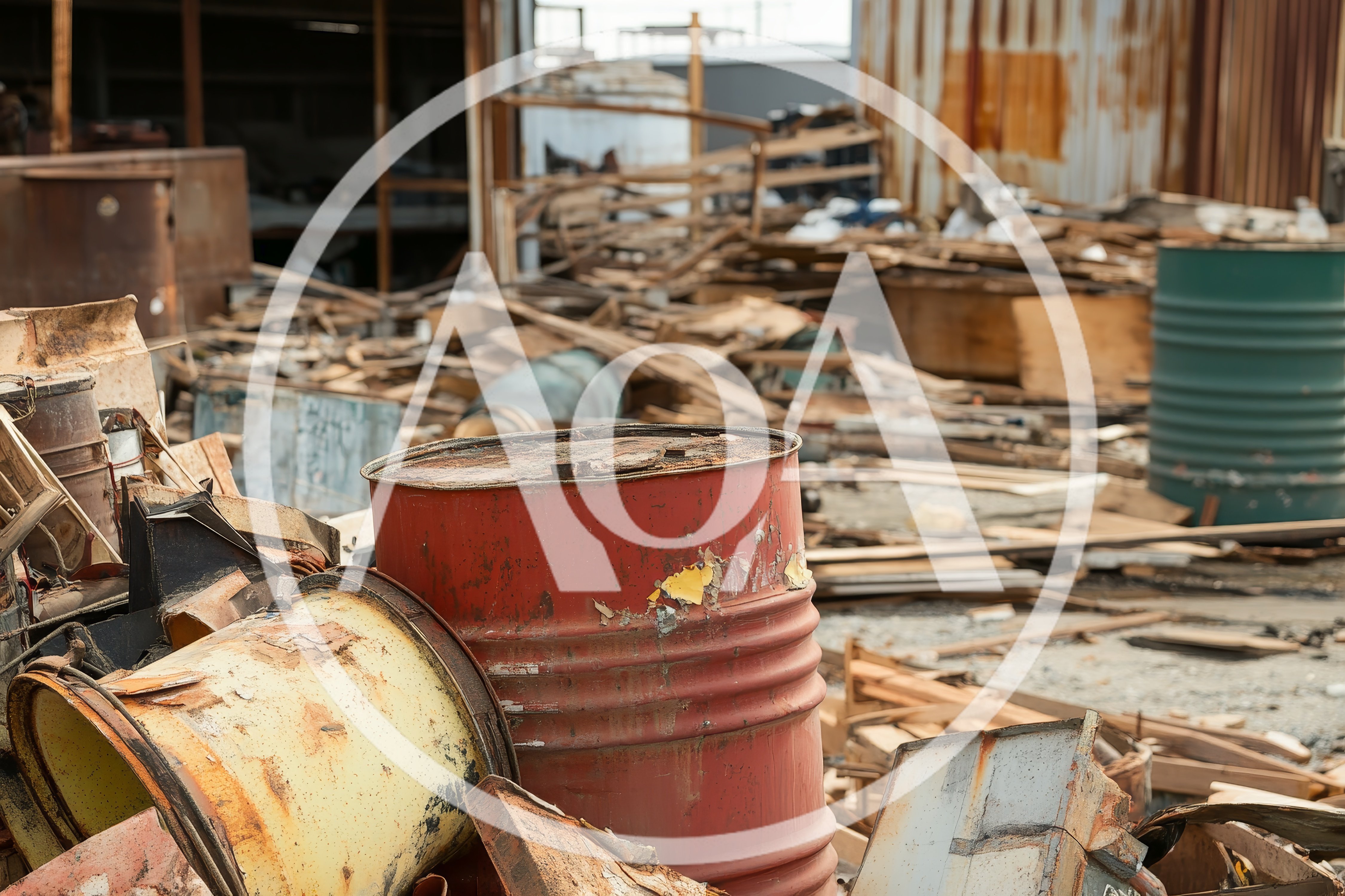 Rusty Metal Barrels In A Dilapidated Industrial Junkyard