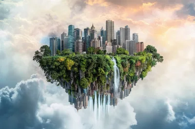 Floating Island City With Lush Vegetation And Waterfalls