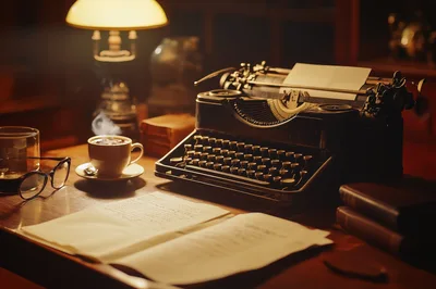 Vintage Typewriter And Coffee On A Wooden Desk