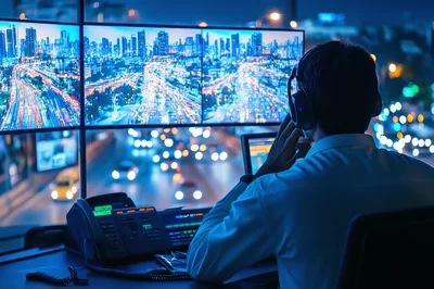 Traffic Controller Monitoring City Highway Surveillance Screens