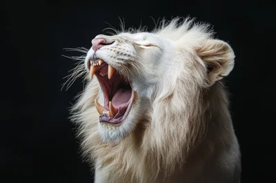 Majestic White Lion Roaring Against A Black Background