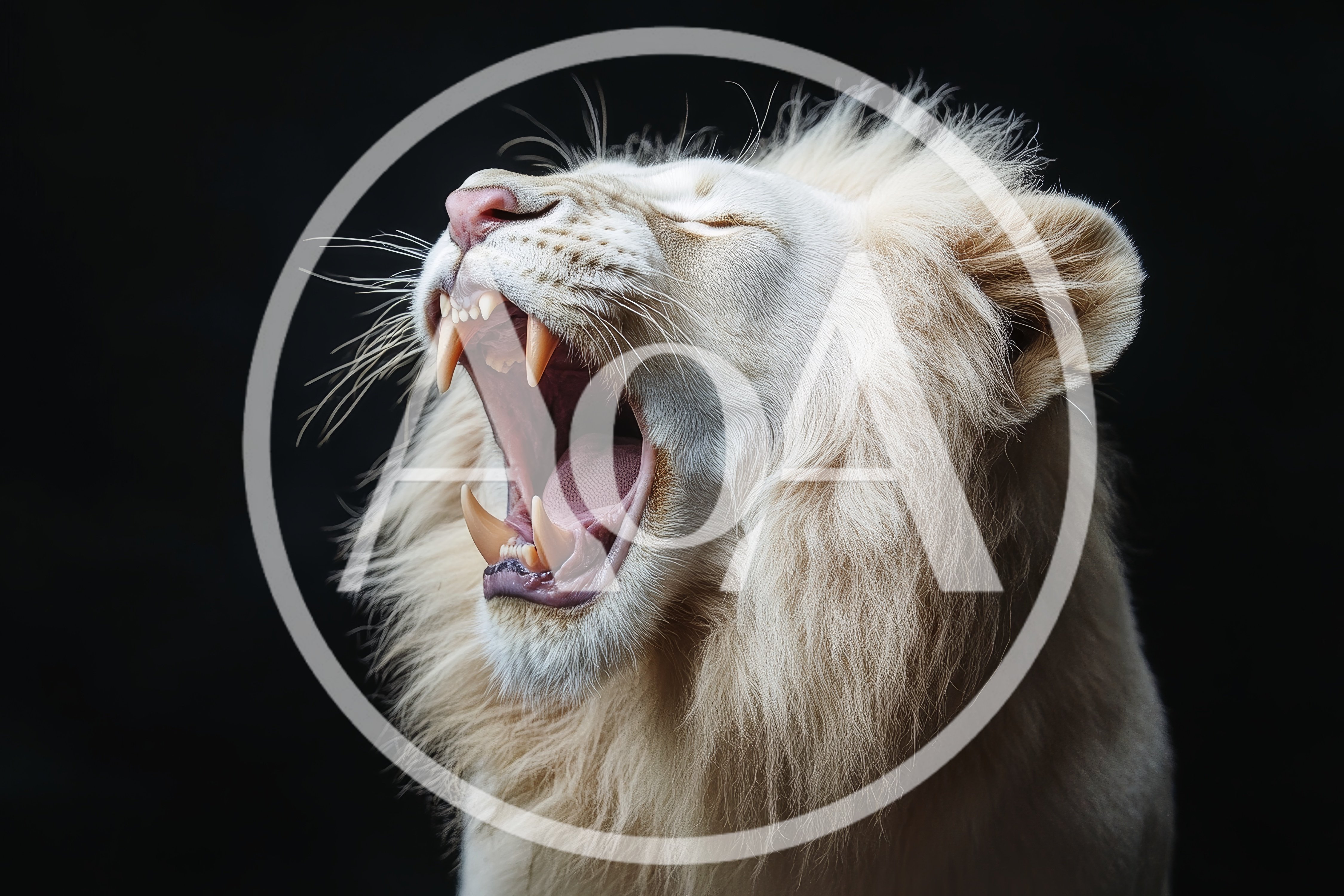 Majestic White Lion Roaring Against A Black Background