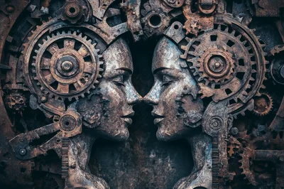 Steampunk Sculpture Of Two Facing Humanoid Faces