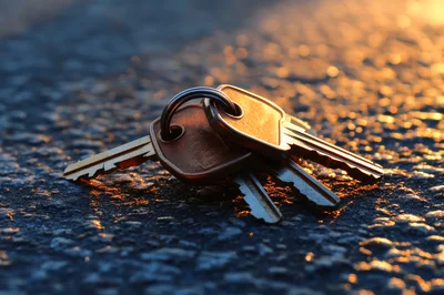 Set Of Metal Keys Lying On Asphalt Road