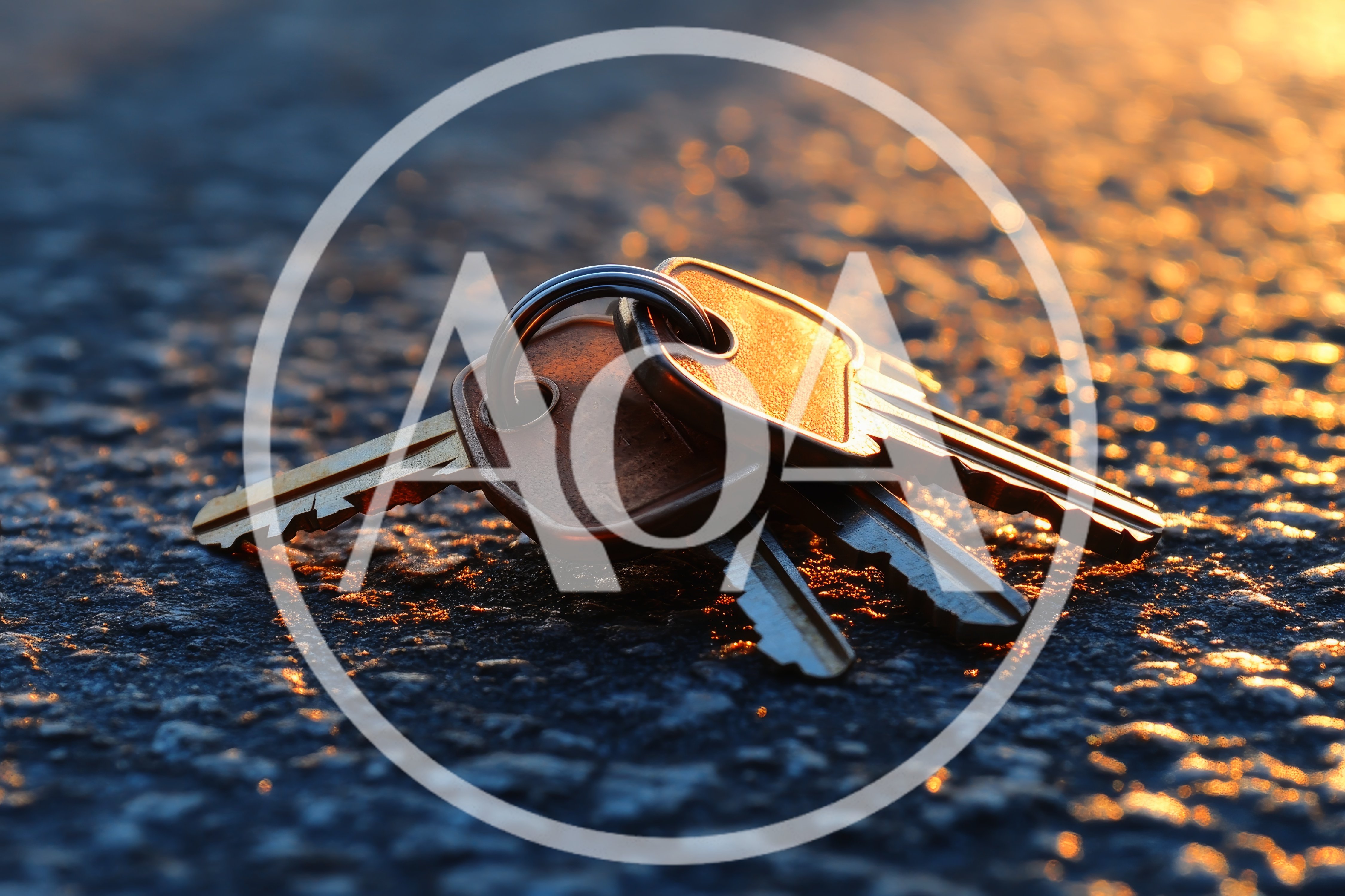 Set Of Metal Keys Lying On Asphalt Road