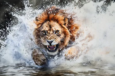 Aggressive Lion Charging Through Water Splash