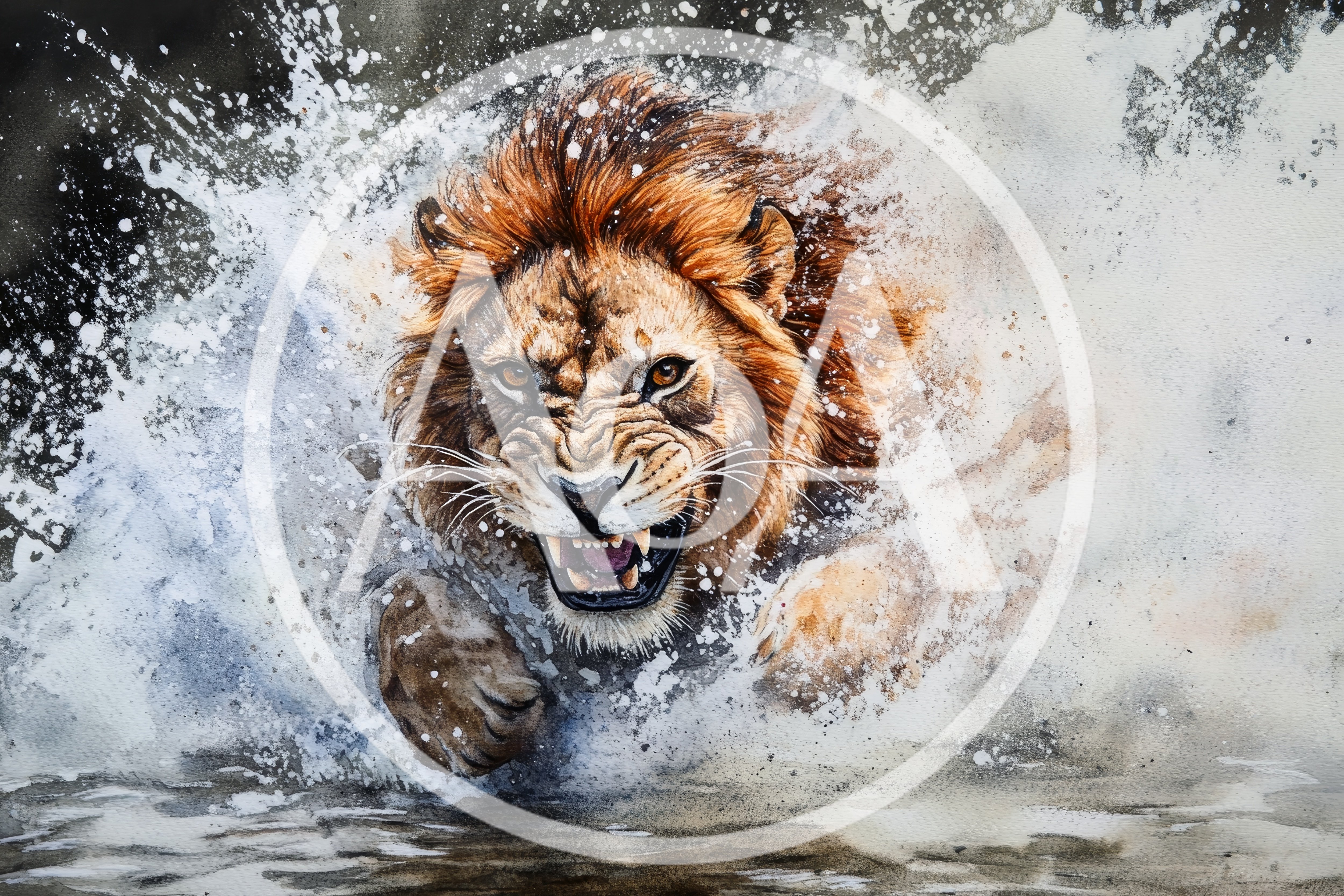 Aggressive Lion Charging Through Water Splash