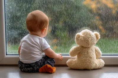 Baby Sitting With Teddy Bear By Rainy Window