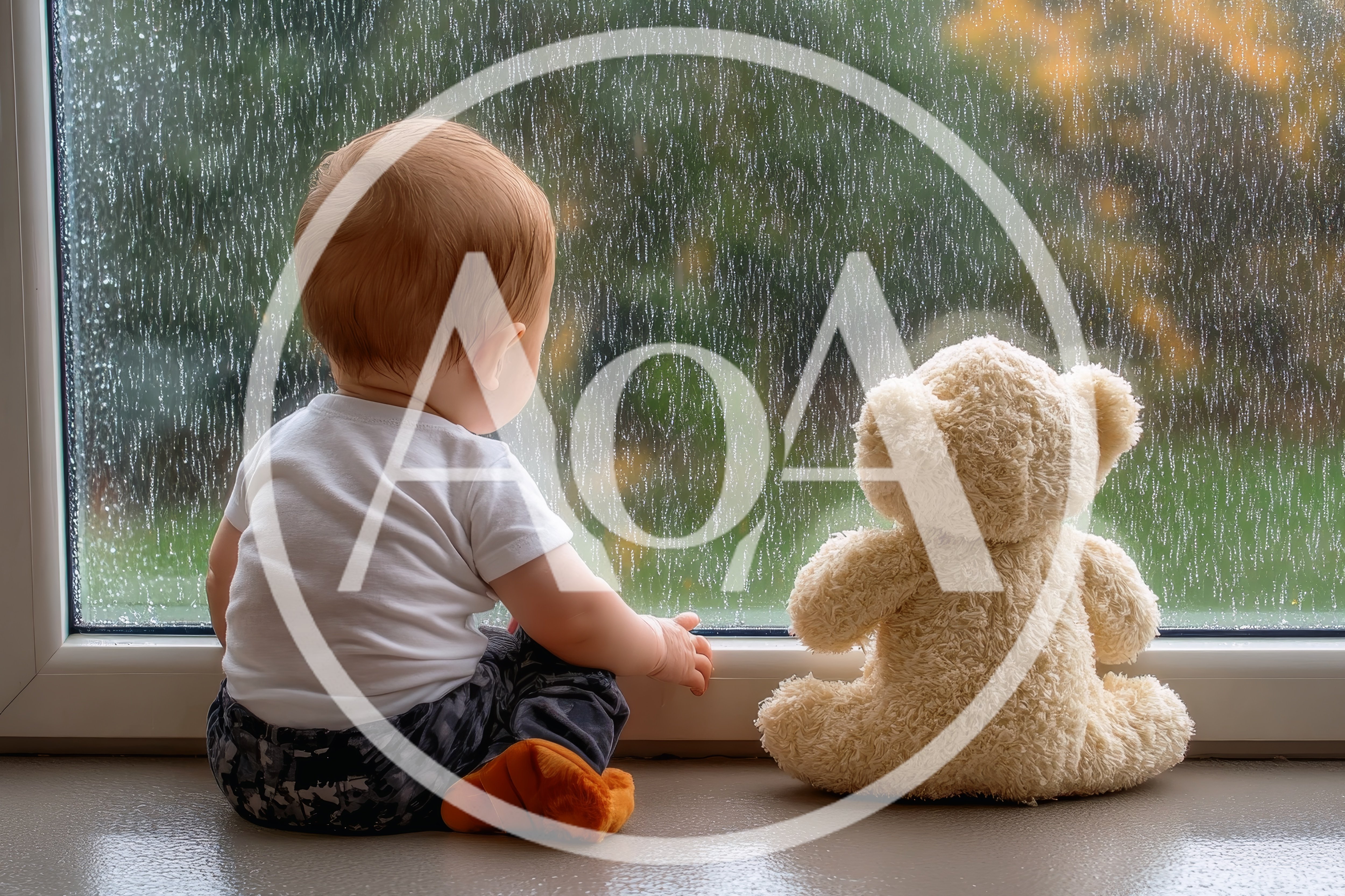 Baby Sitting With Teddy Bear By Rainy Window