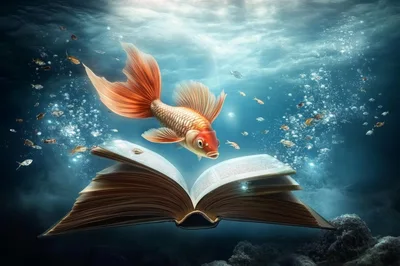Goldfish Swimming Above An Open Book Underwater