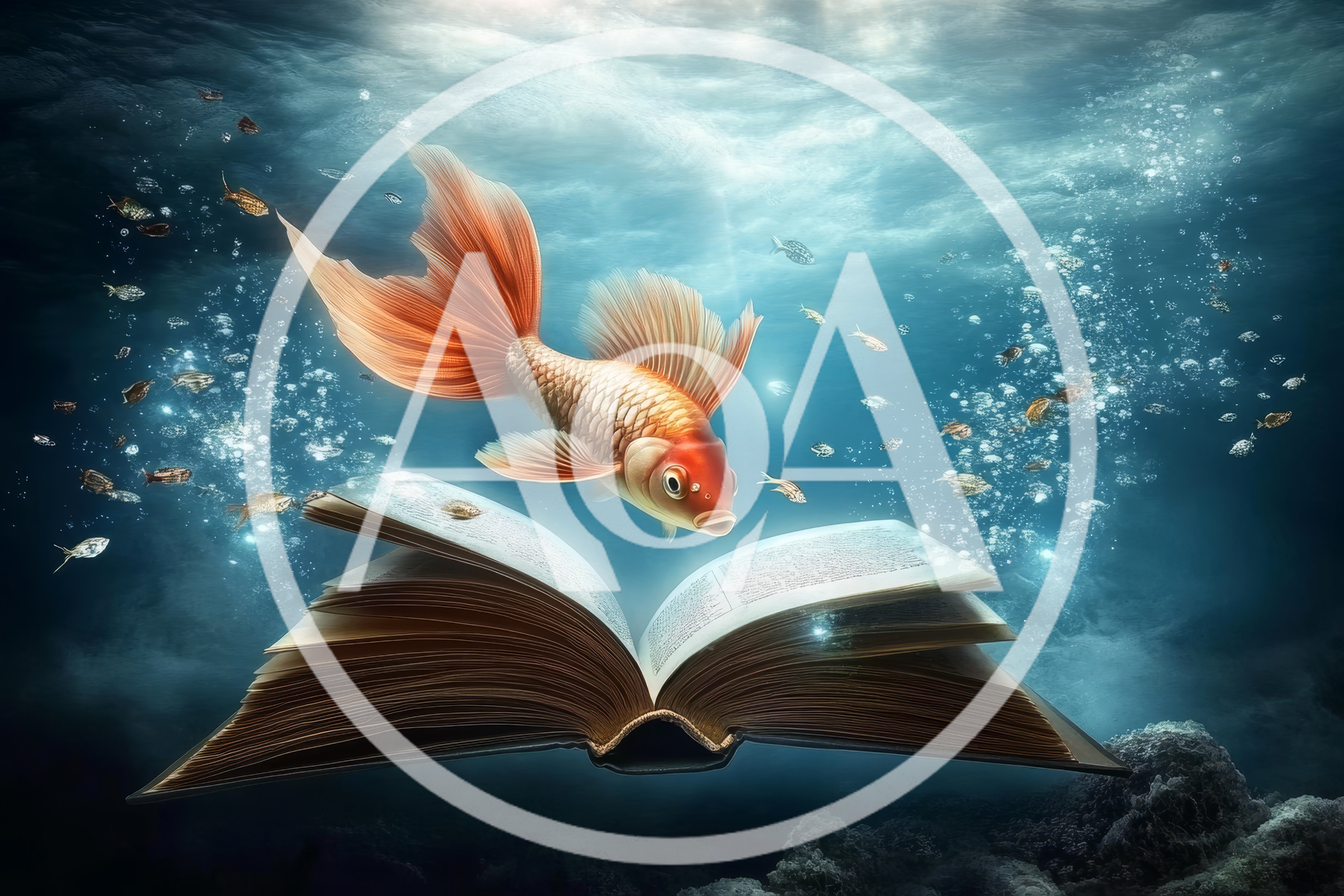 Goldfish Swimming Above An Open Book Underwater