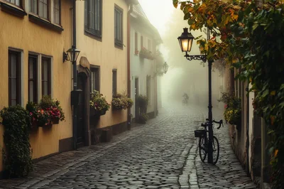 Bicycle Parked On Cobblestone Street In Foggy European Town