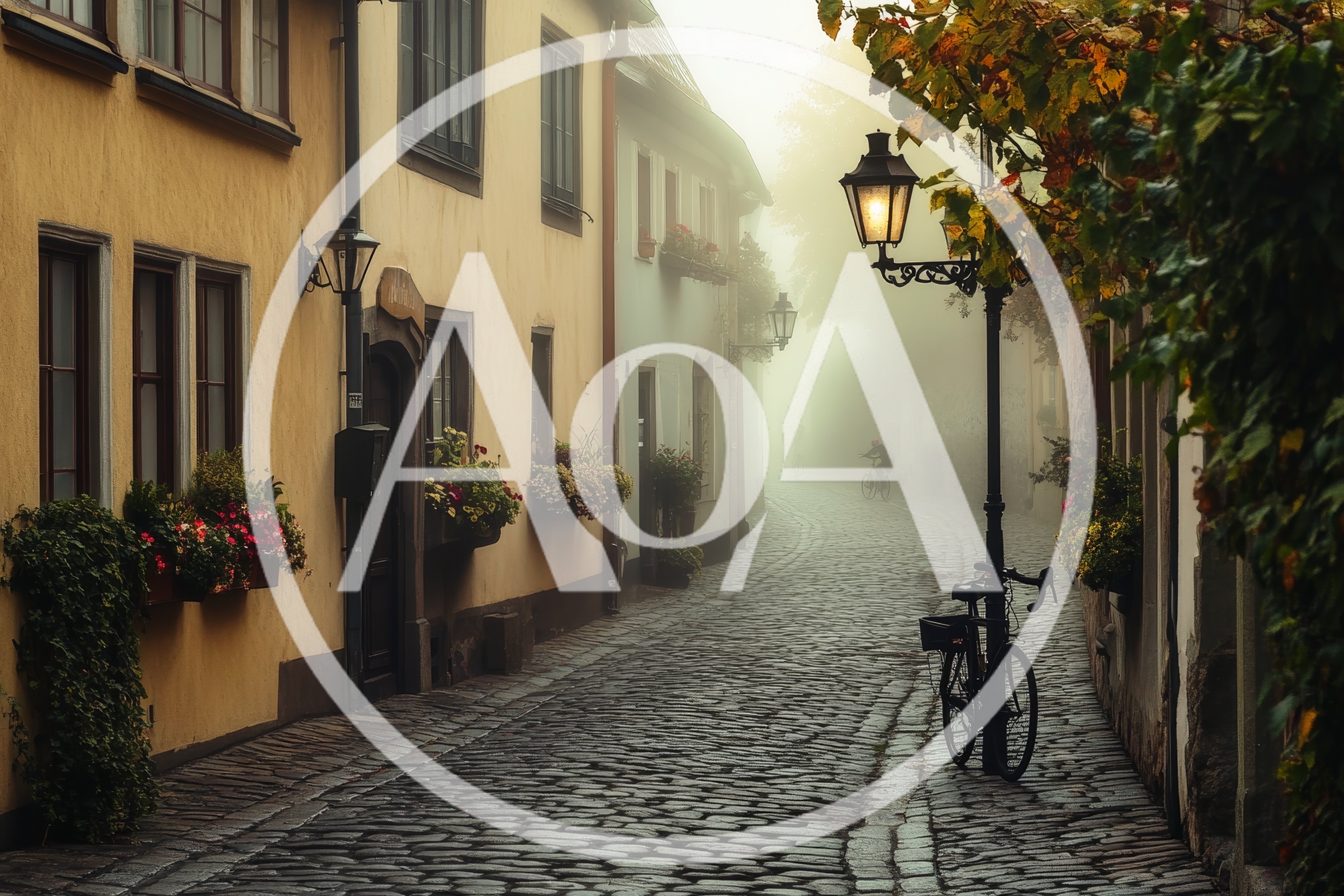 Bicycle Parked On Cobblestone Street In Foggy European Town