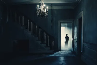 Ghostly Silhouette Standing In A Dark Haunted House Hallway