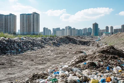 Massive Urban Landfill Site Near Modern City Skyline