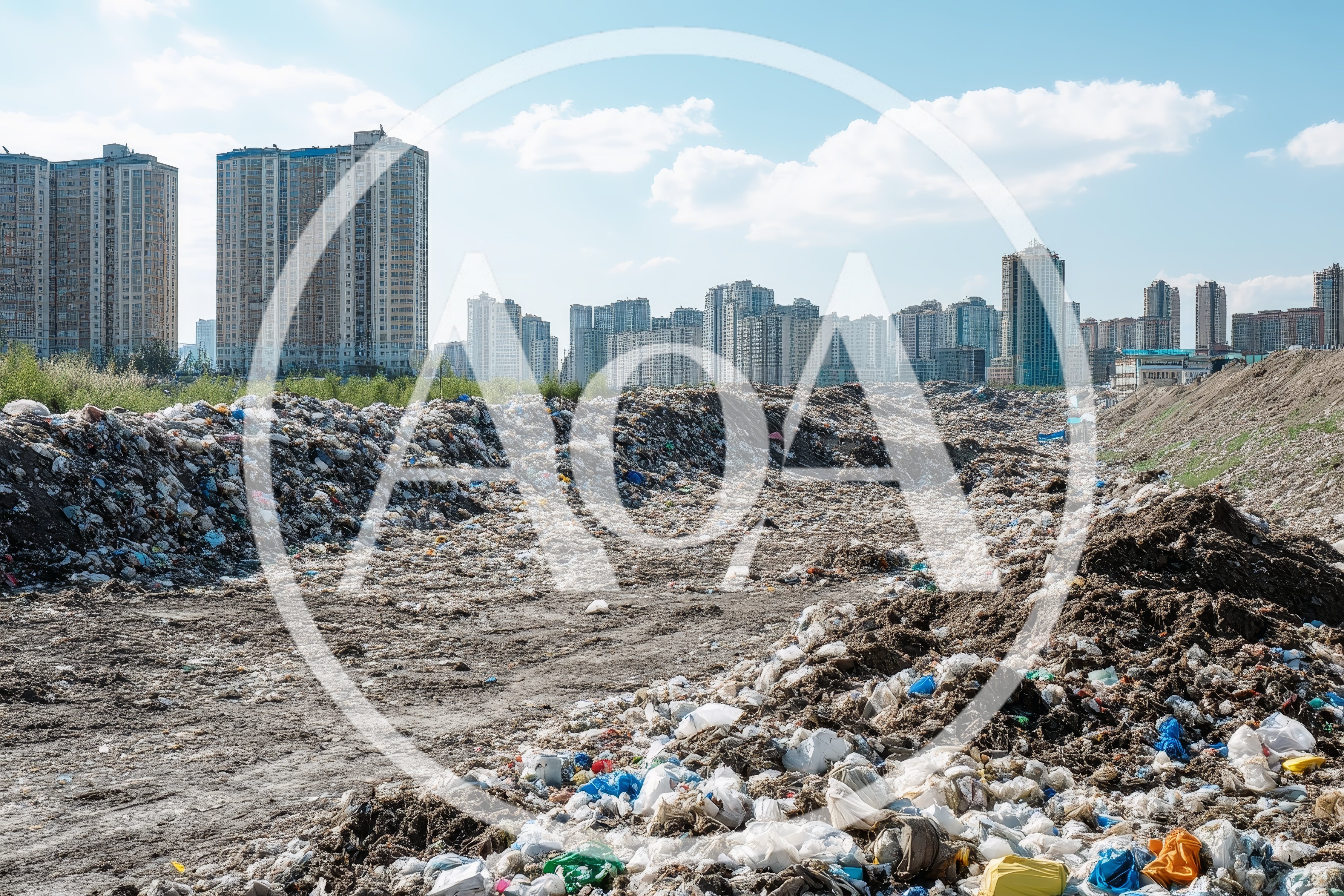 Massive Urban Landfill Site Near Modern City Skyline