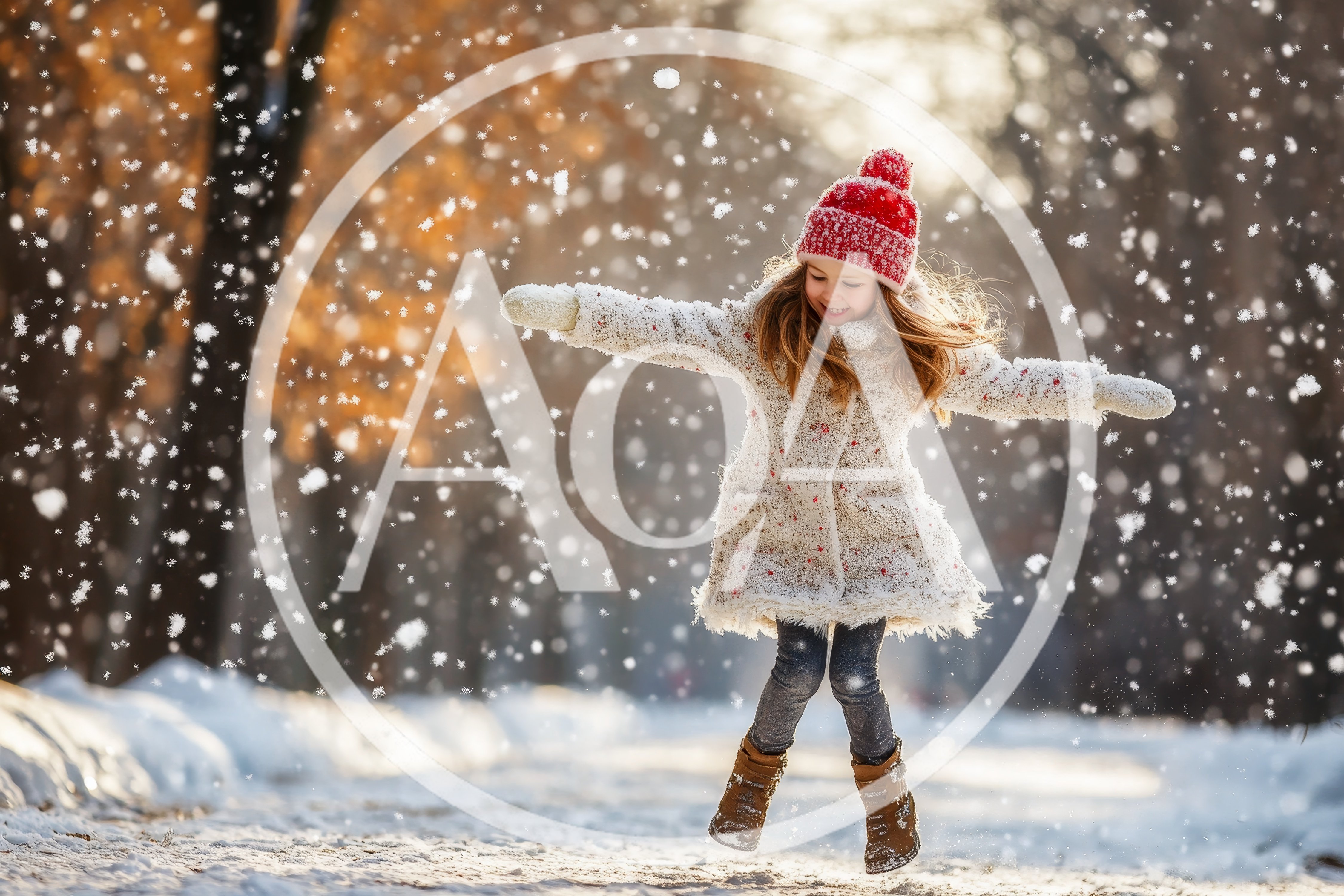 Happy Little Girl Jumping In Snowy Winter Park