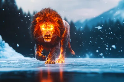Fiery Lion Walking Across Frozen Landscape