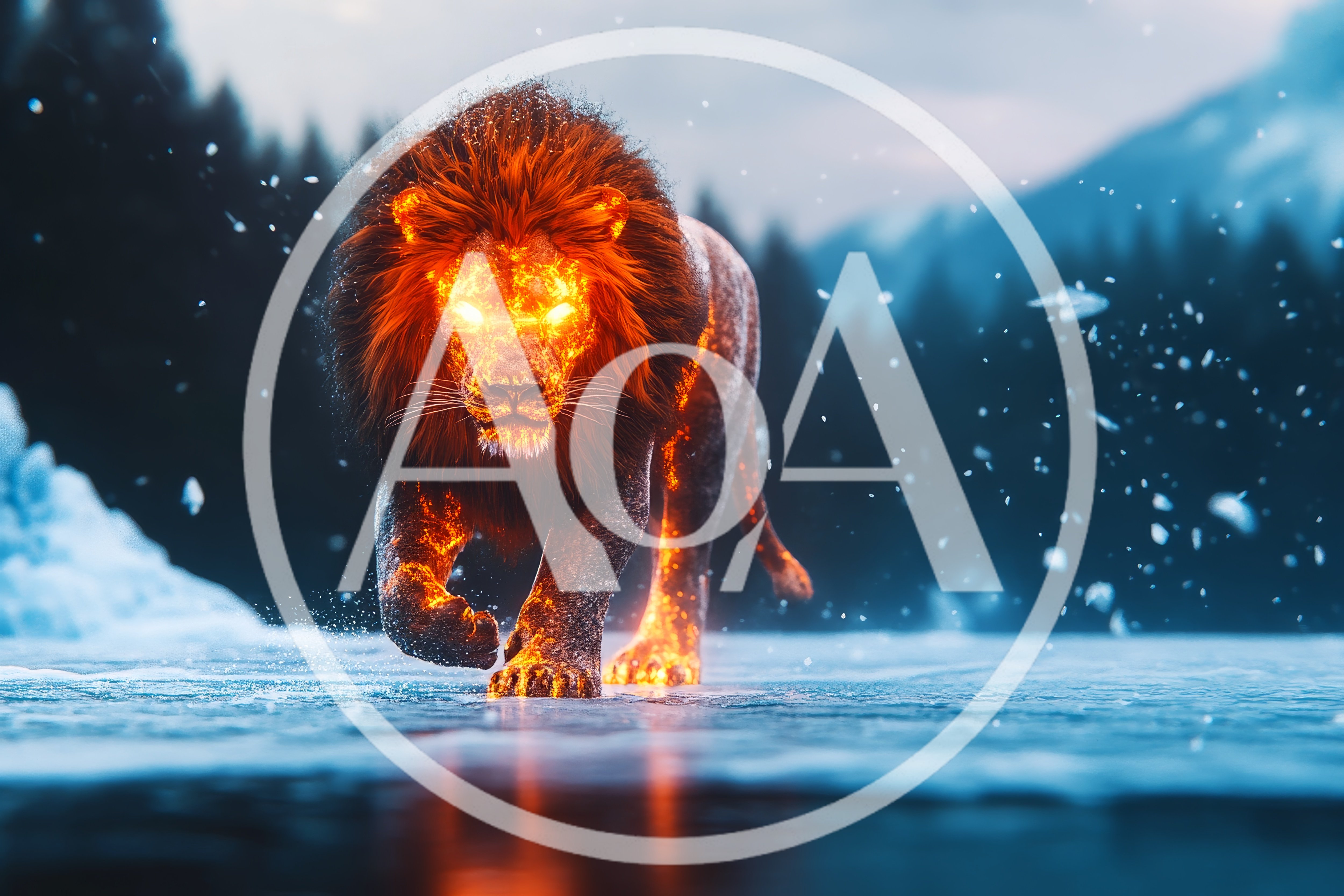 Fiery Lion Walking Across Frozen Landscape