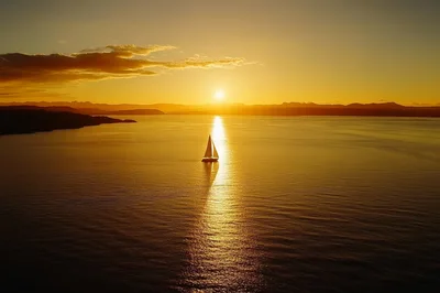 Sailboat Sailing Across Golden Ocean At Sunset
