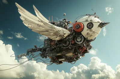 Steampunk Mechanical Bird Flying Through The Clouds