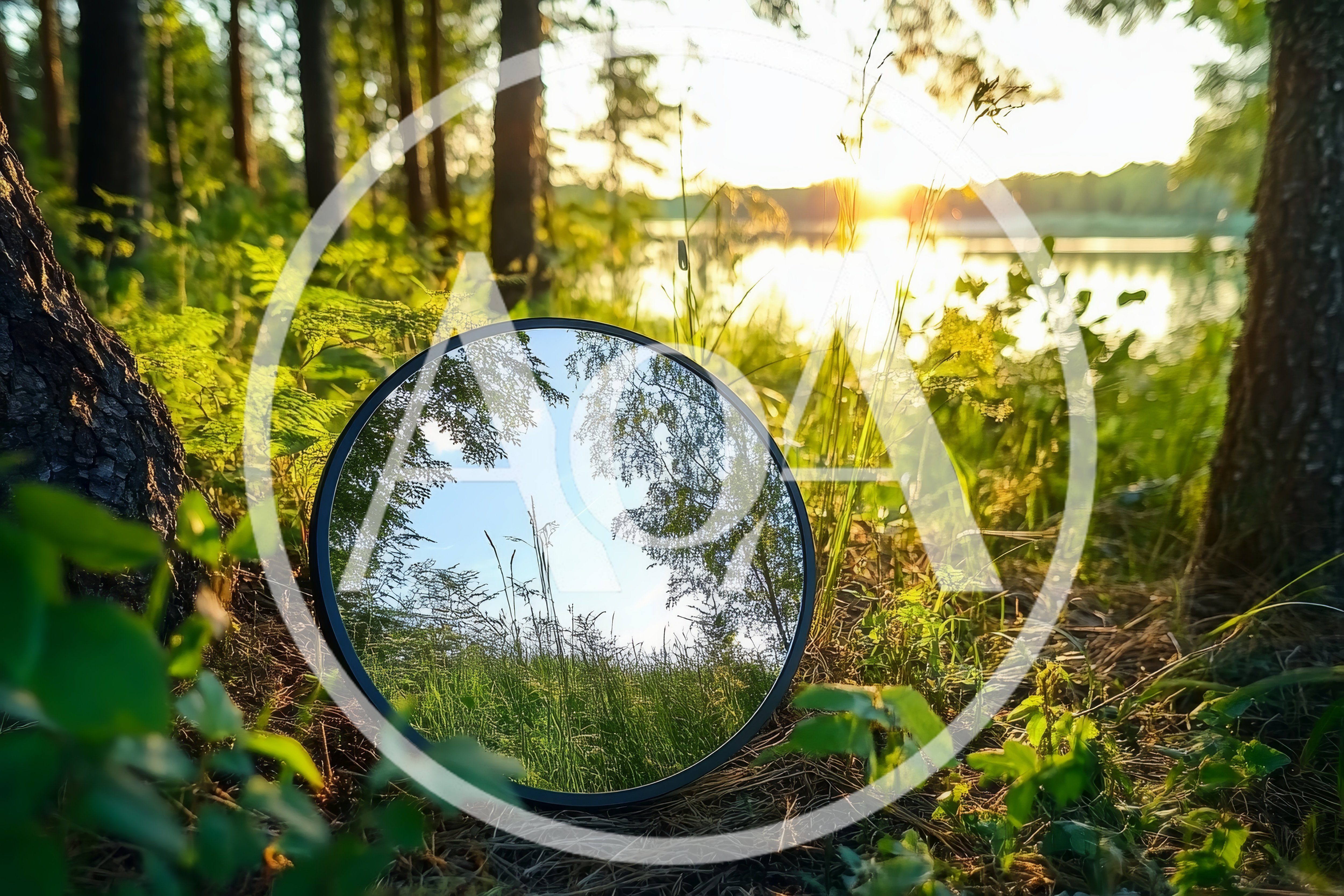 Round Mirror Reflecting Forest Landscape at Sunset