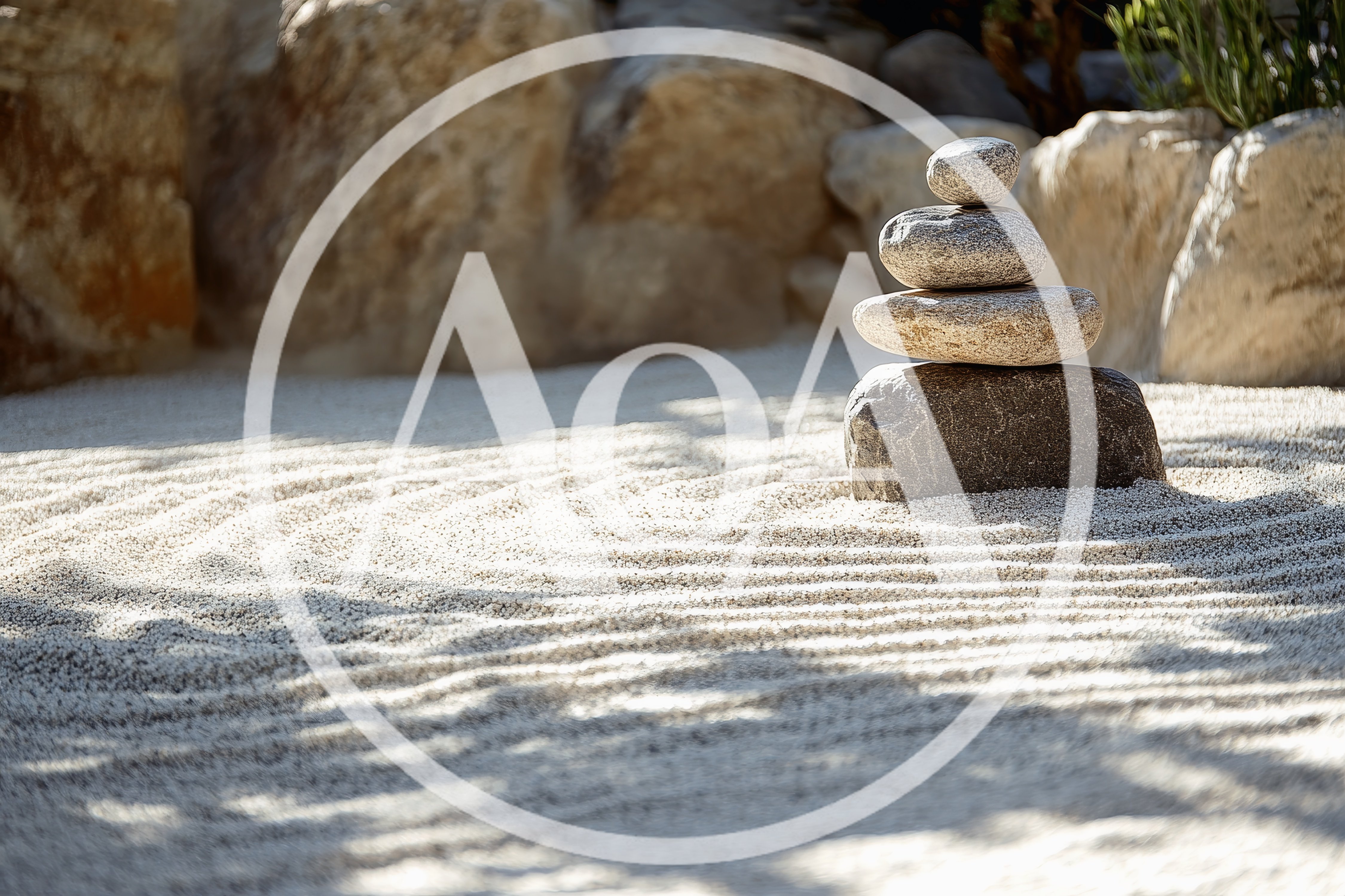 Zen Garden Stone Stack on Raked Sand