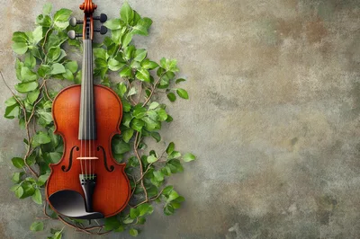 Violin Resting Amidst Green Foliage on Textured Background