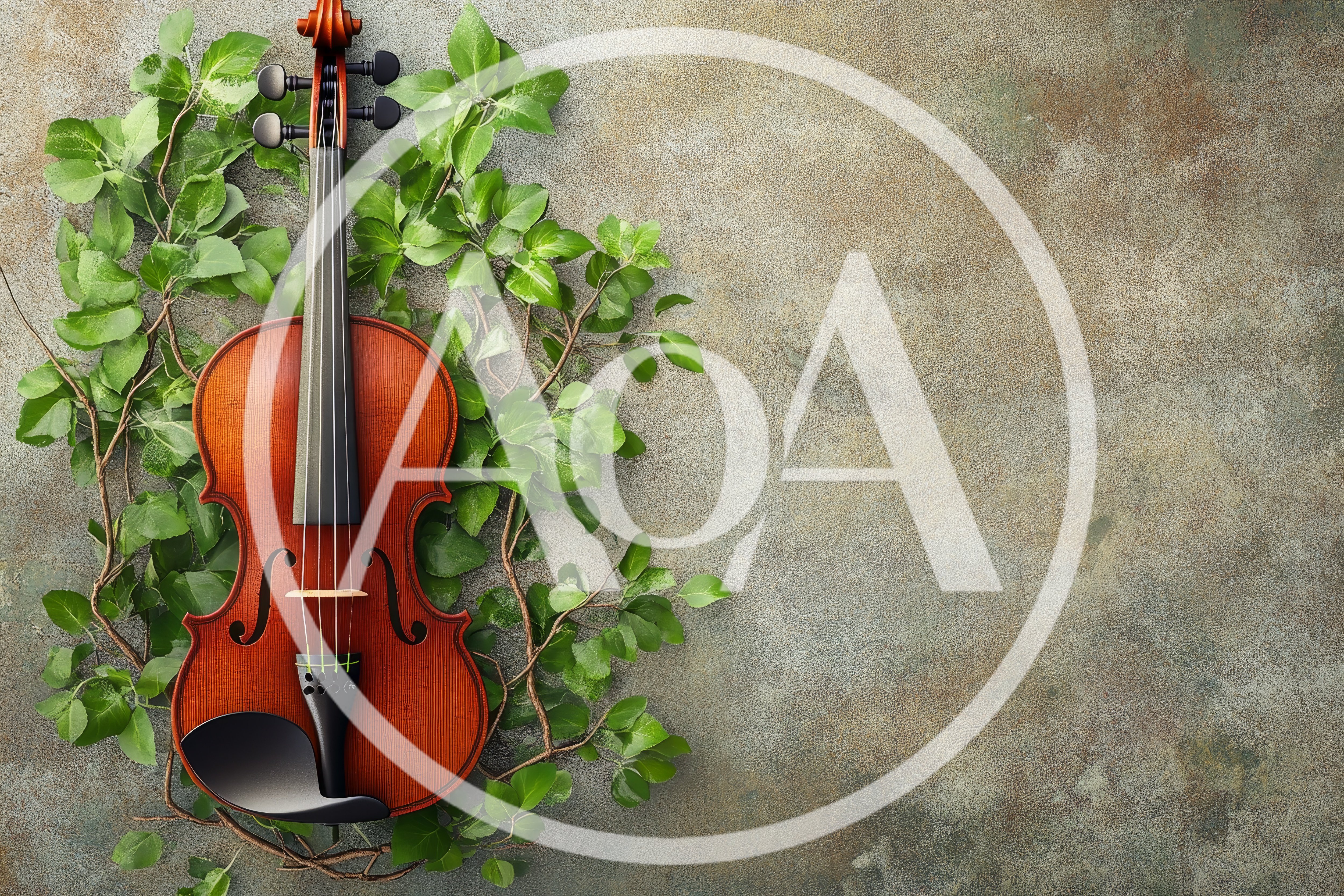 Violin Resting Amidst Green Foliage on Textured Background