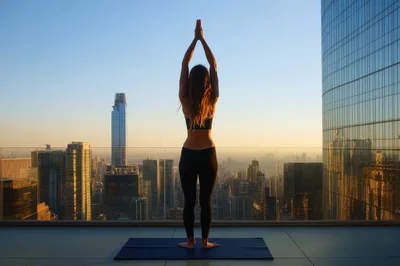 Woman Practicing Yoga On A High Rise Rooftop
