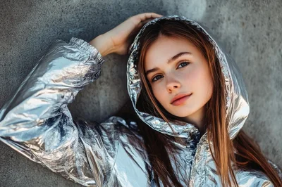 Young Woman Wearing A Shiny Silver Metallic Hooded Jacket