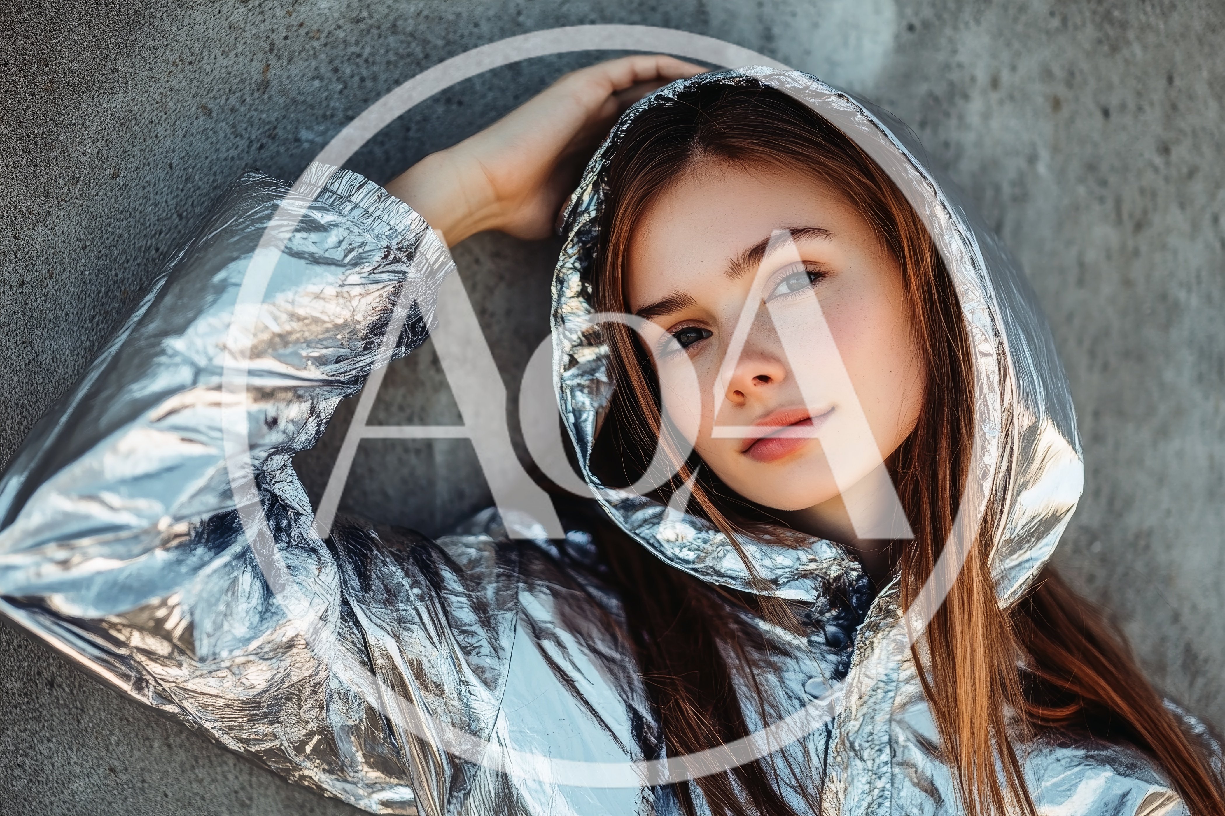 Young Woman Wearing A Shiny Silver Metallic Hooded Jacket