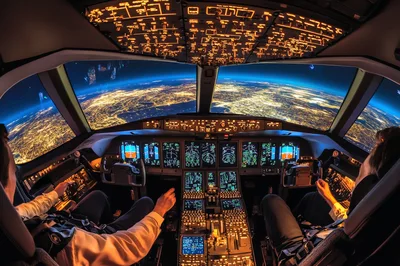Pilots Operating Aircraft Cockpit Over Earth At Night