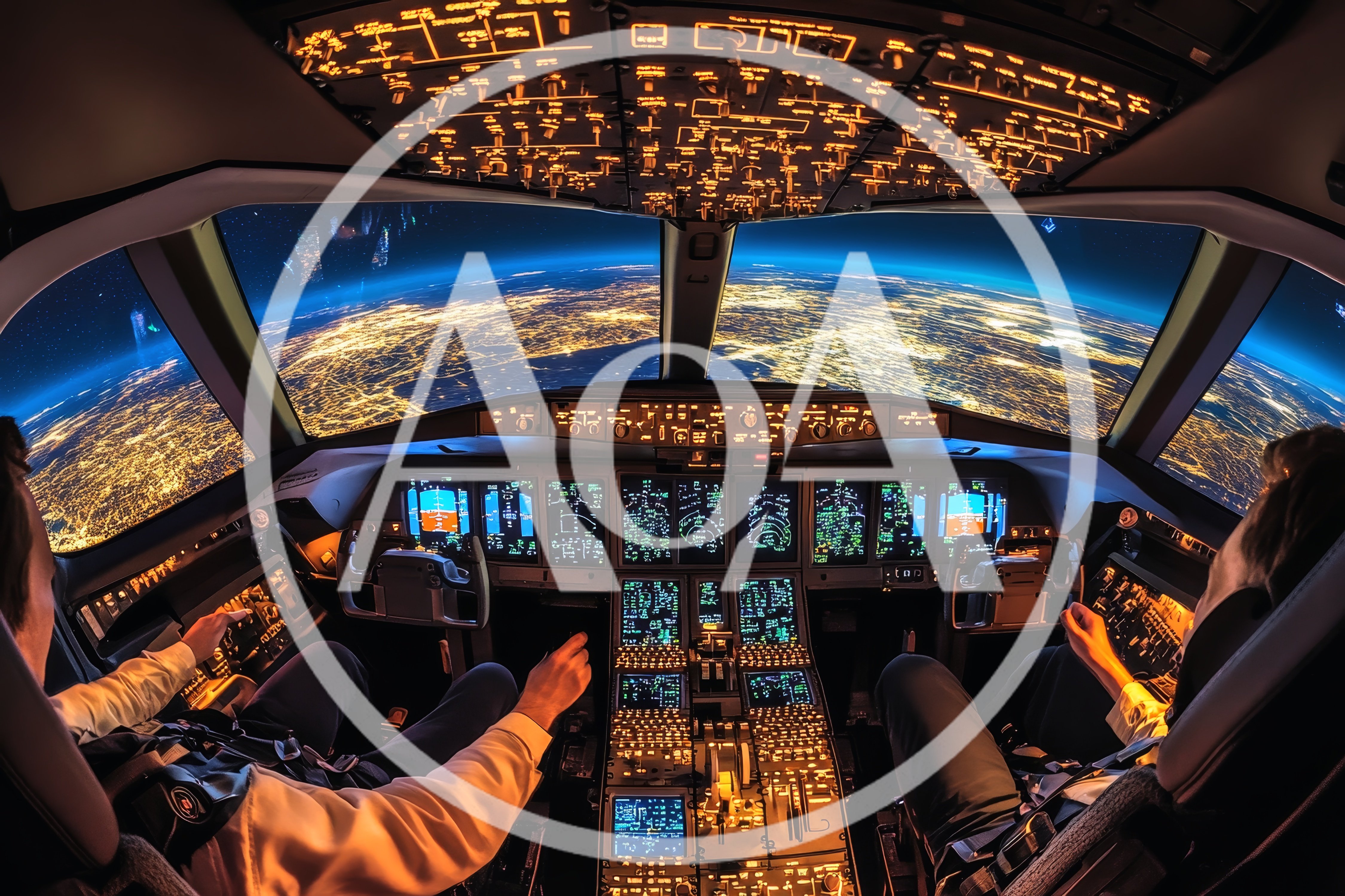 Pilots Operating Aircraft Cockpit Over Earth At Night